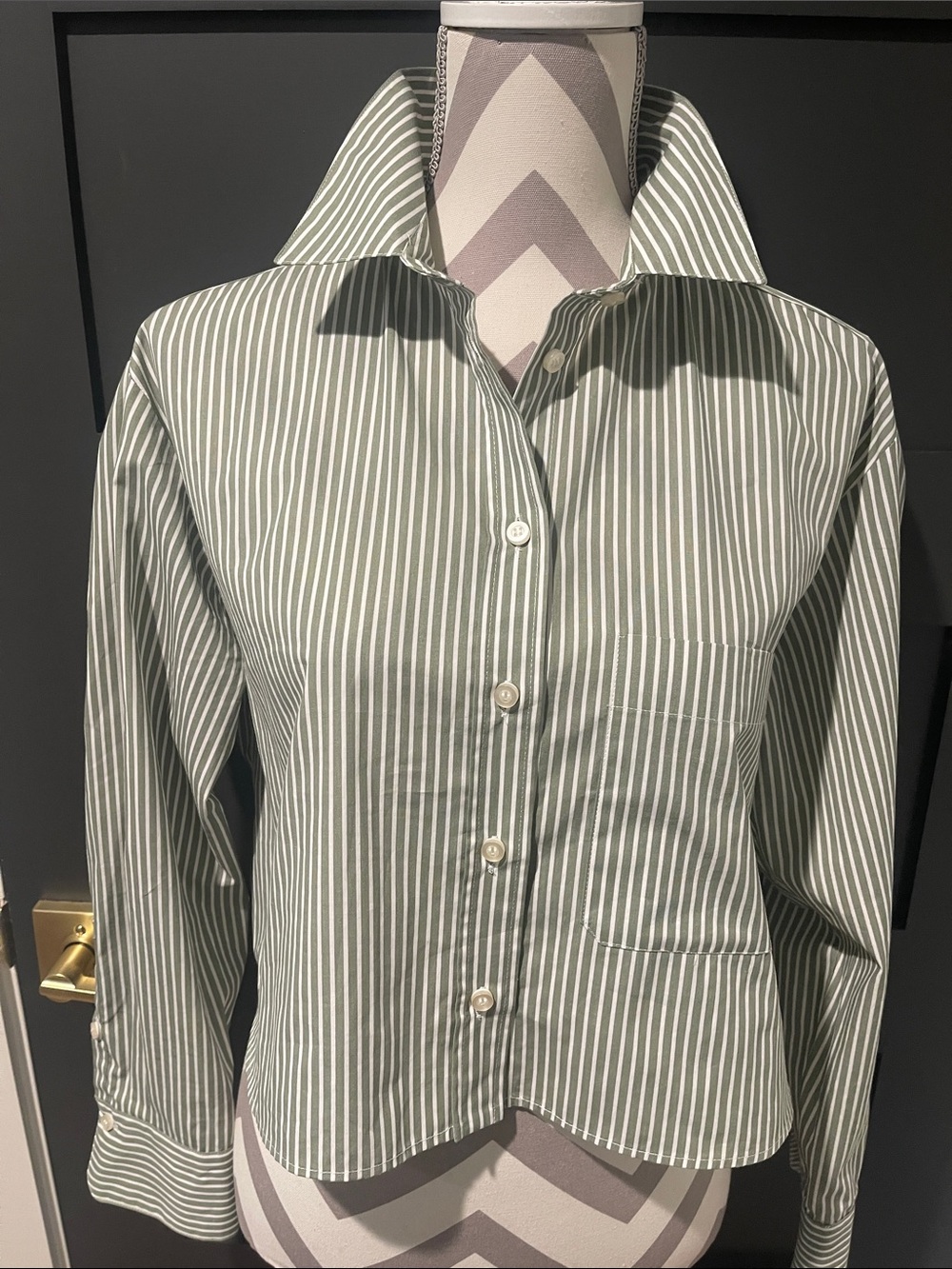 Zara Striped Button Down Shirt In Olive Green Size M